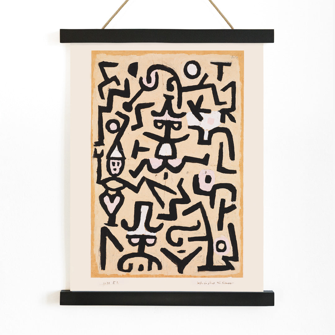 Abstract line drawing and poster with black lines forming playful whimsical figures and shapes in Comedians Handbill artwork by Paul Klee, with wooden magnetic frame on white background
