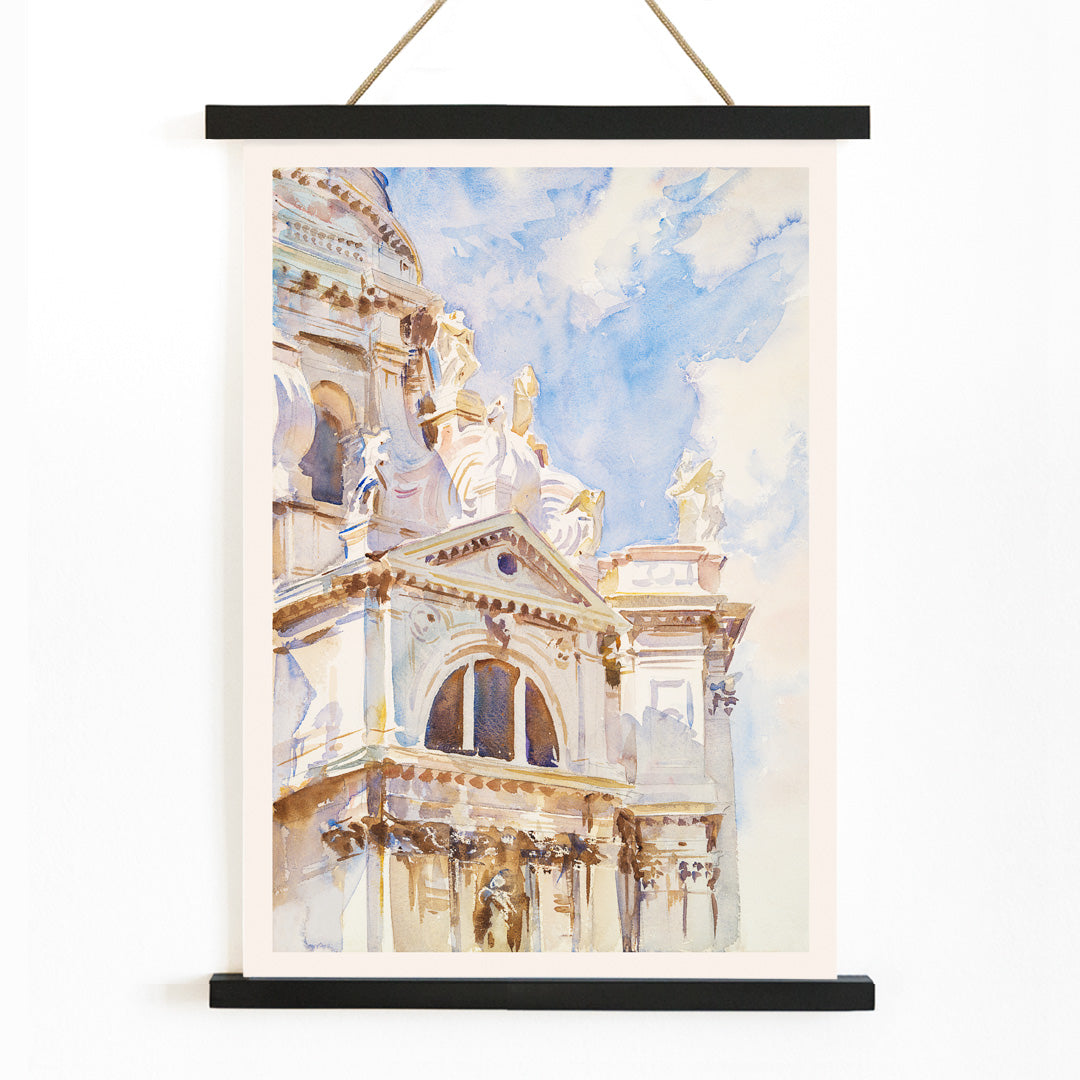 Watercolor painting The Salute Venice by John Singer Sargent featuring sunlit Venetian architecture ornate building and statues, with wooden magnetic frame on white background