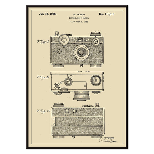 Photographic camera patent illustration and detailed patent drawings by G Fassin poster, with black aluminium frame on white background