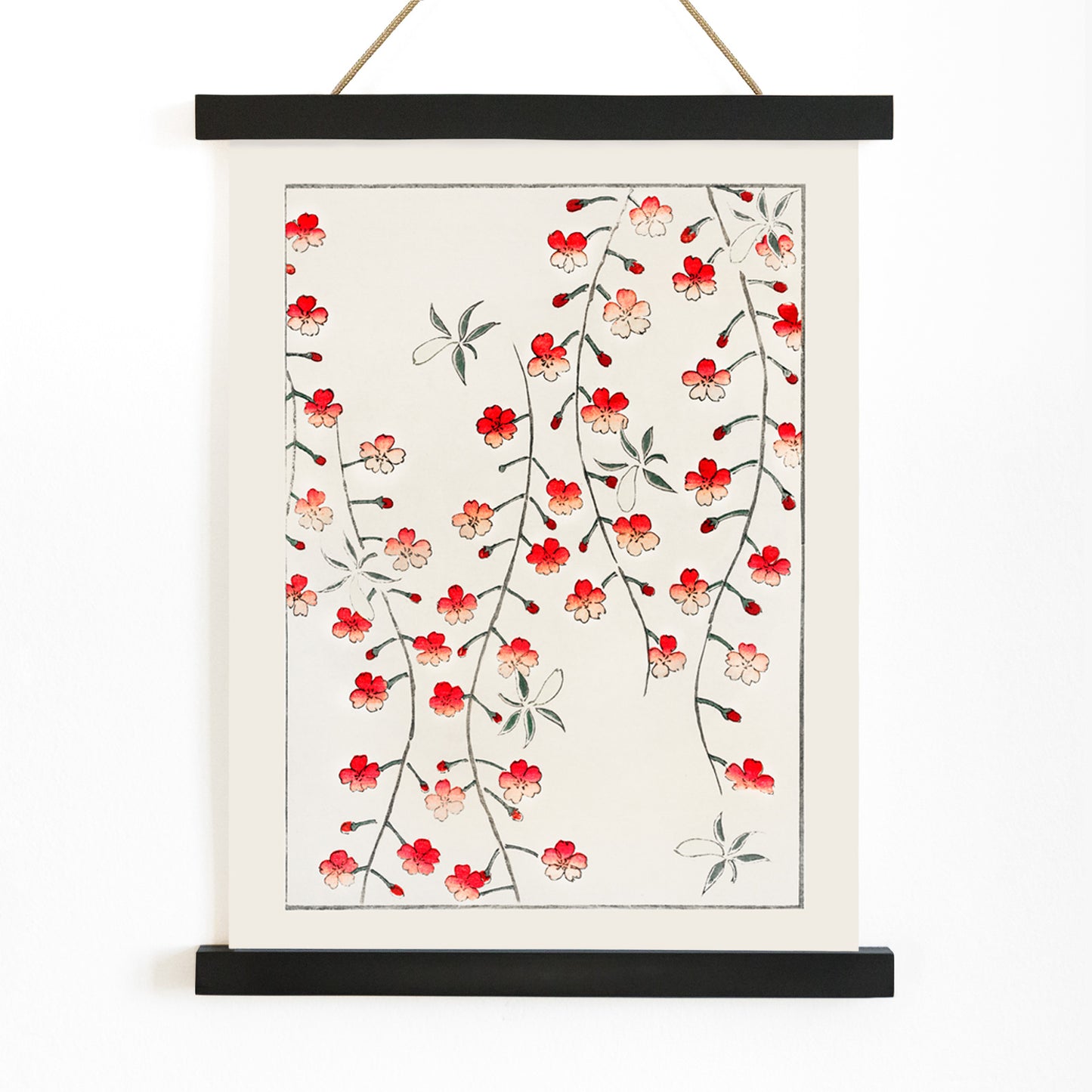 Cherry blossom branches and red flowers artwork by Watanabe Seitei from Bijutsu Sekai Japanese poster illustration, with wooden magnetic frame on white background