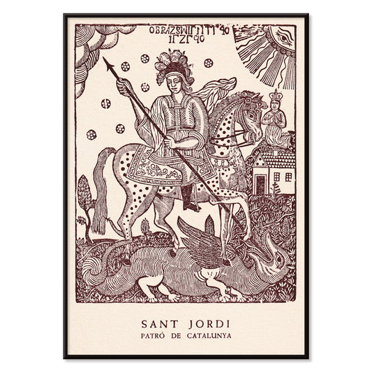 Sant Jordi slaying a dragon on horseback medieval artwork and poster knight with spear Patro de Catalunya, with black aluminium frame on white background