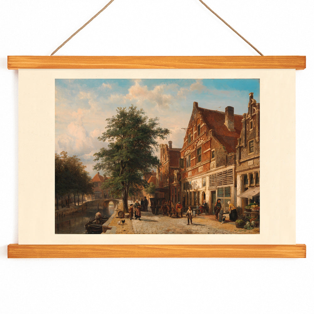 Town View by Cornelis Springer Dutch canal street scene with people horse cart trees and cityscape poster ideal for wall decor, with wooden magnetic frame on white background