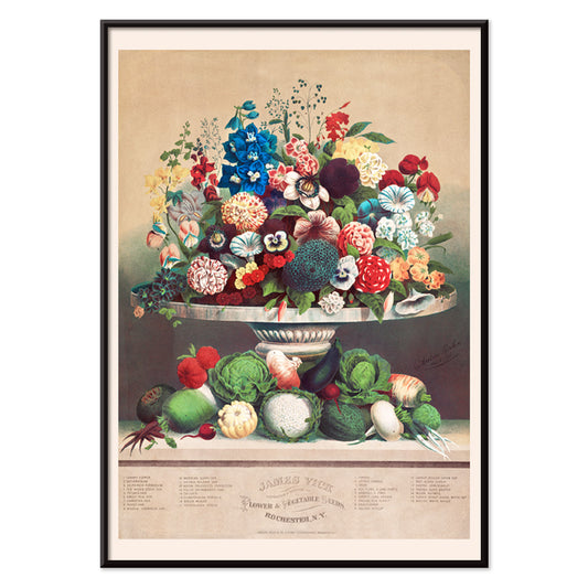 Colorful poster of flowers and vegetables in a vase by Anton Carl Rahn for wall decor, with black aluminium frame on white background