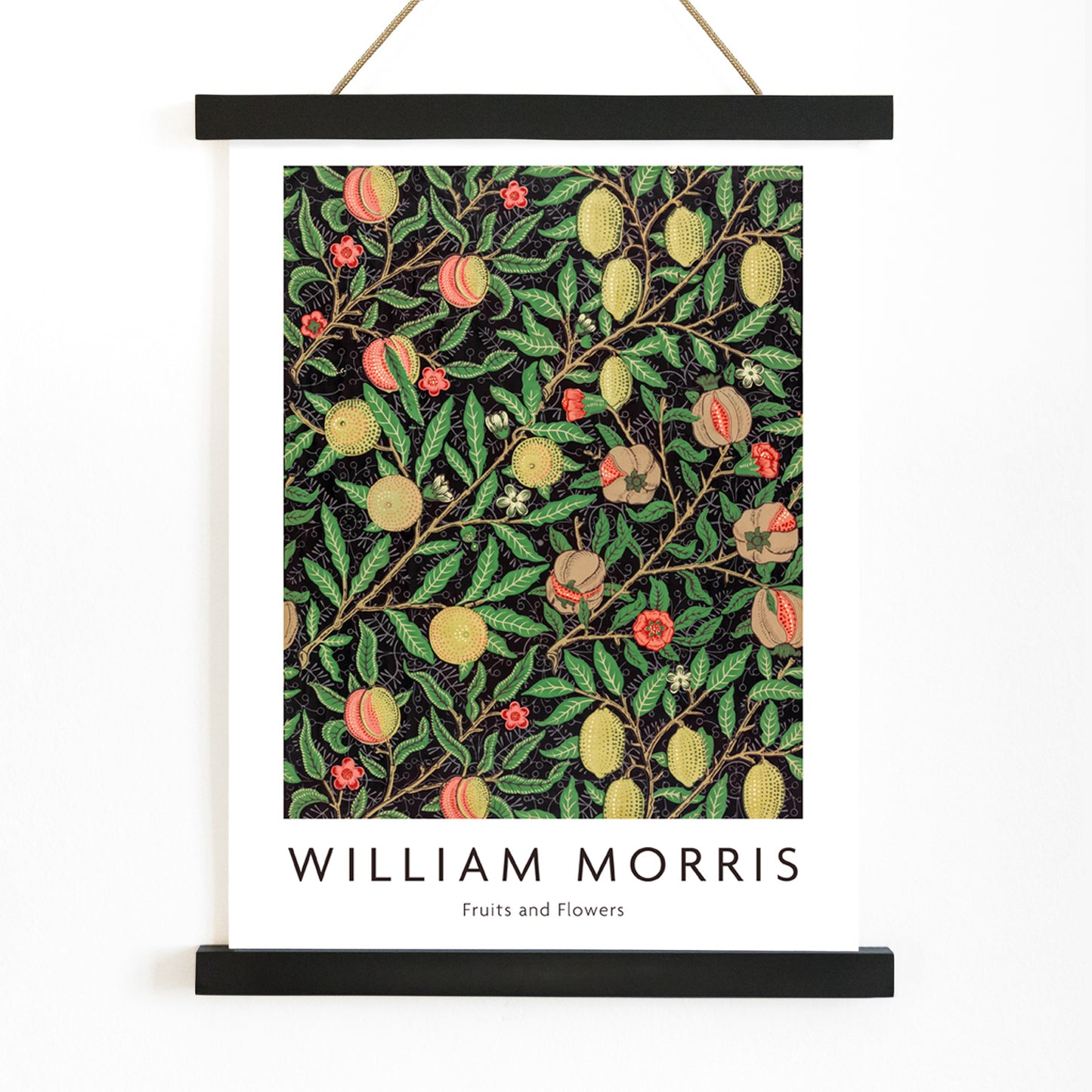 Colorful fruit and floral pattern artwork by William Morris featuring detailed branches leaves and vibrant fruits ideal for home decor, with wooden magnetic frame on white background