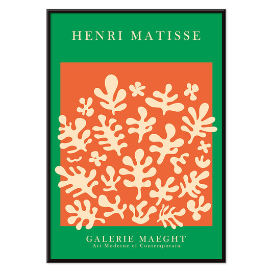 Henri Matisse artwork at Galerie Maeght featuring orange cut outs and abstract shapes on an orange background poster, with black aluminium frame on white background