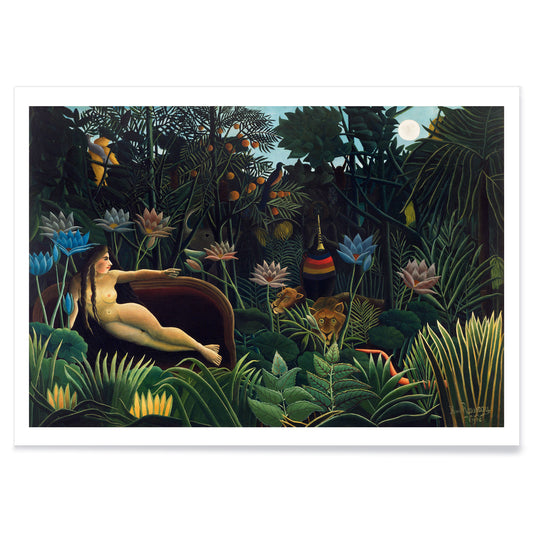The Dream by Henri Rousseau poster featuring a nude woman reclining on a sofa in a lush jungle with vibrant plants and exotic animals, with black aluminium frame on white background