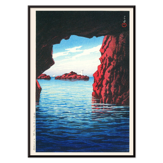 Kojaku Cavern Oga Peninsula sea cave with blue water and red cliffs vibrant sea cliffs and water by Kawase Hasui, with black aluminium frame on white background