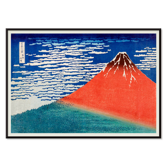 Fine Wind Clear Morning by Katsushika Hokusai poster showing red Mount Fuji under blue sky with white clouds, with black aluminium frame on white background