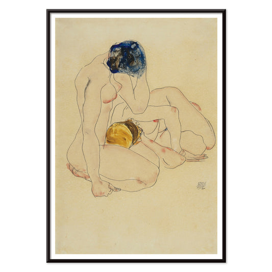 Two Friends by Egon Schiele poster featuring two nude figures in an intimate seated pose with expressive linework artwork, with black aluminium frame on white background