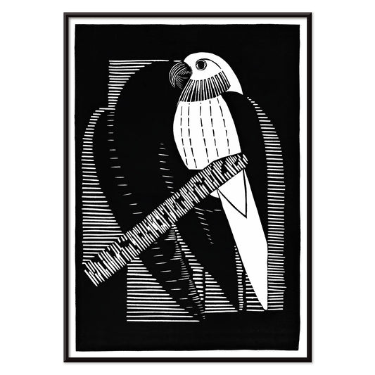 Black and white geometric parakeet artwork by Samuel Jessurun de Mesquita titled Parakeets Parkieten poster featuring parakeet on branch, with black aluminium frame on white background