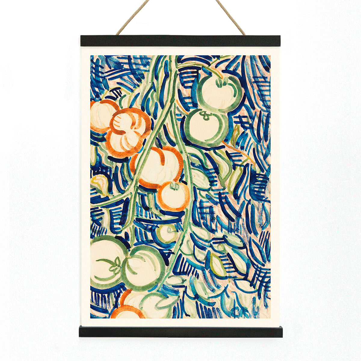 Drooping branch with red and green tomatoes by Christian Rohlfs vibrant abstract artwork poster, with wooden magnetic frame on white background