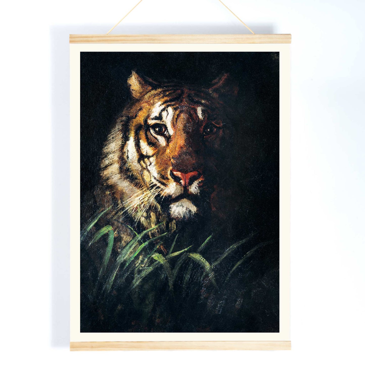 Tigers Head painting by Abbott Handerson Thayer detailed tiger portrait in the wild and emerging from dark foliage poster artwork, with wooden magnetic frame on white background