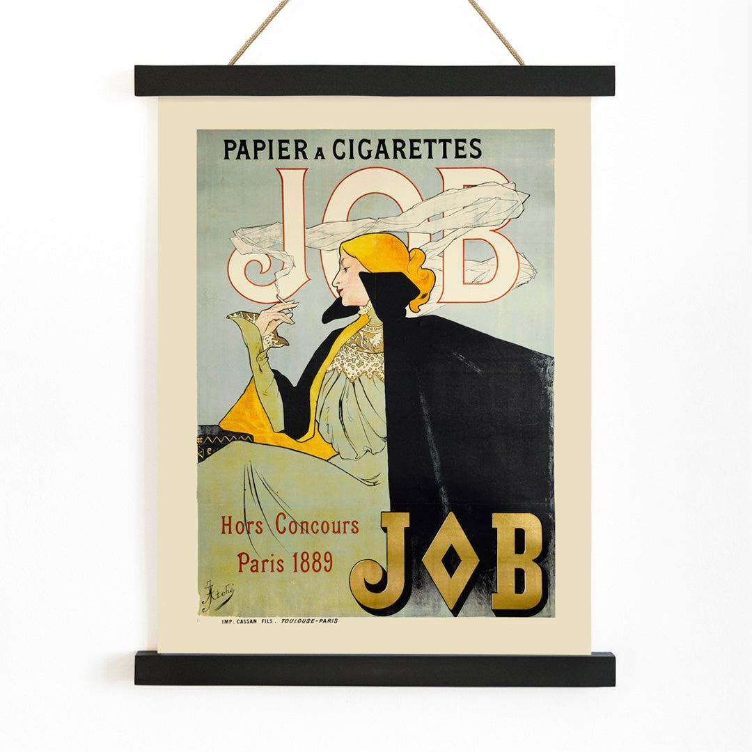 Elegant woman in fashionable attire smoking cigarette vintage art nouveau poster by Jane Atche Papier A Cigarettes Job, with wooden magnetic frame on white background