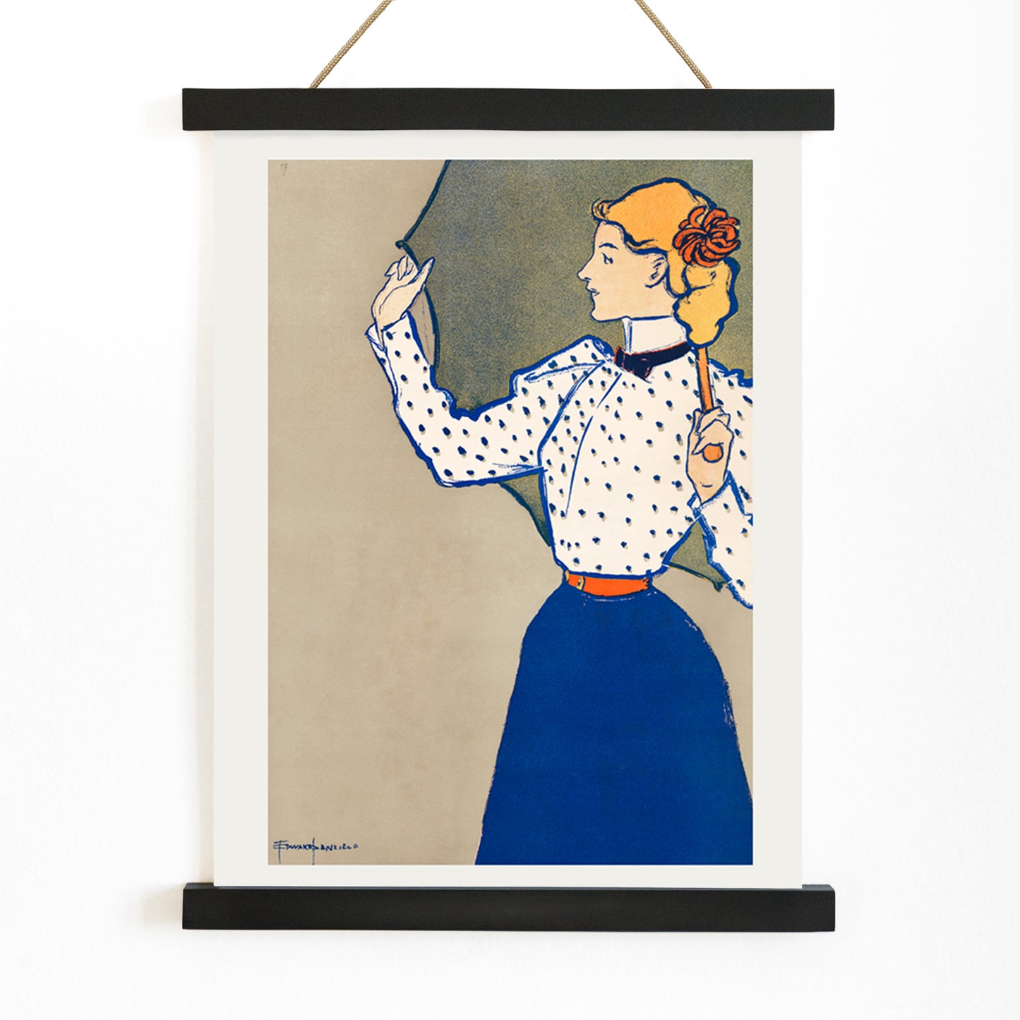 Woman holding umbrella in vintage fashion polka dot blouse and blue skirt artwork by Edward Penfield, with wooden magnetic frame on white background