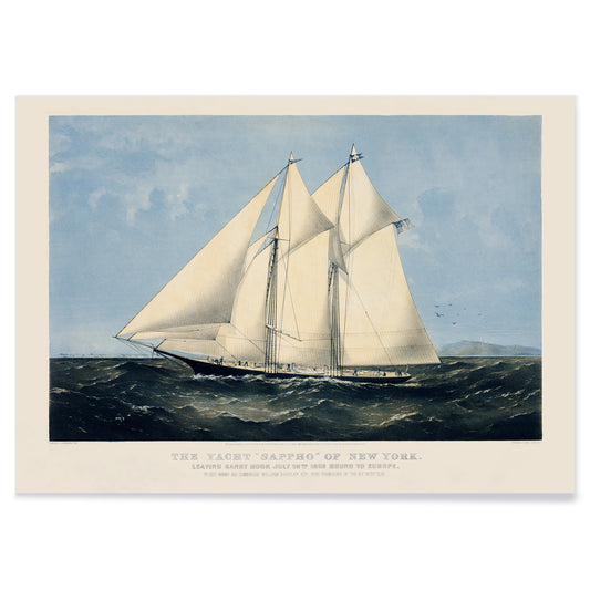 Chromolithograph artwork of Yacht Sappho sailing on the ocean by Currier and Ives poster showing sailing yacht at sea titled Chromolithograph of the yacht Sappho of New York, with black aluminium frame on white background
