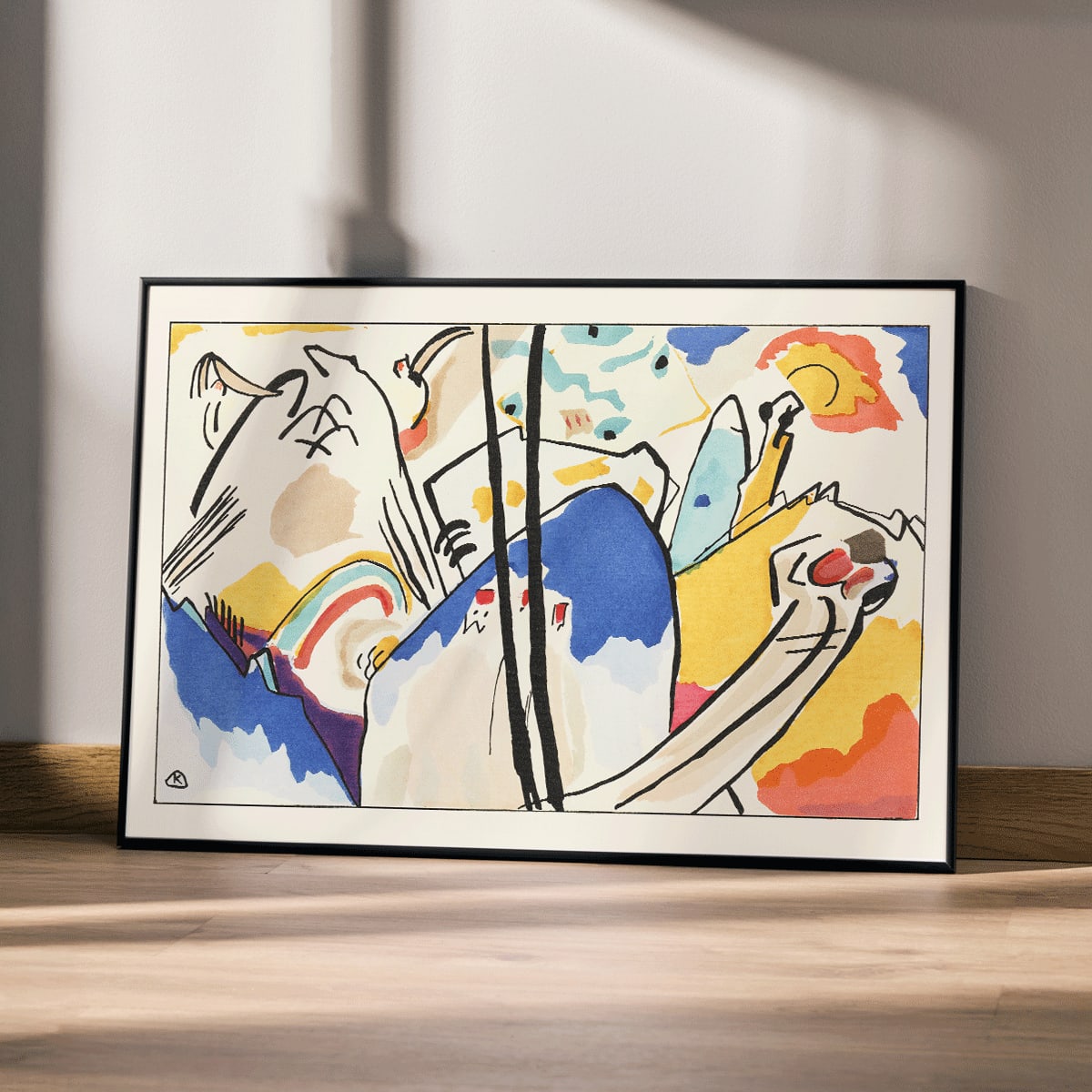 Abstract art Der Blaue Reiter by Wassily Kandinsky featuring vibrant colors dynamic shapes and geometric forms, framed and displayed in home decor