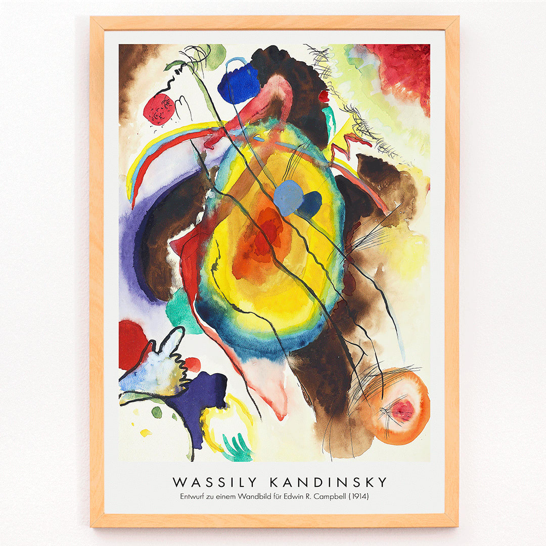 Abstract mural design by Wassily Kandinsky for Edwin R Campbell featuring vibrant colors and dynamic shapes, framed and displayed in modern living room decor