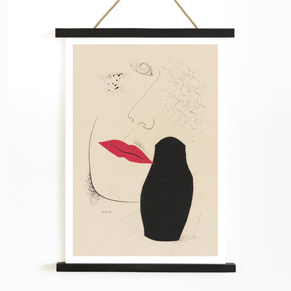 Abstract minimalist portrait with red lips and black silhouette modern art poster by Mikulas Galanda titled Desire, with wooden magnetic frame on white background