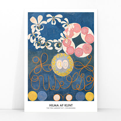Abstract floral patterns and swirling shapes with vibrant colors on a blue background poster by Hilma af Klint Childhood Group IV, framed and displayed in modern living room decor