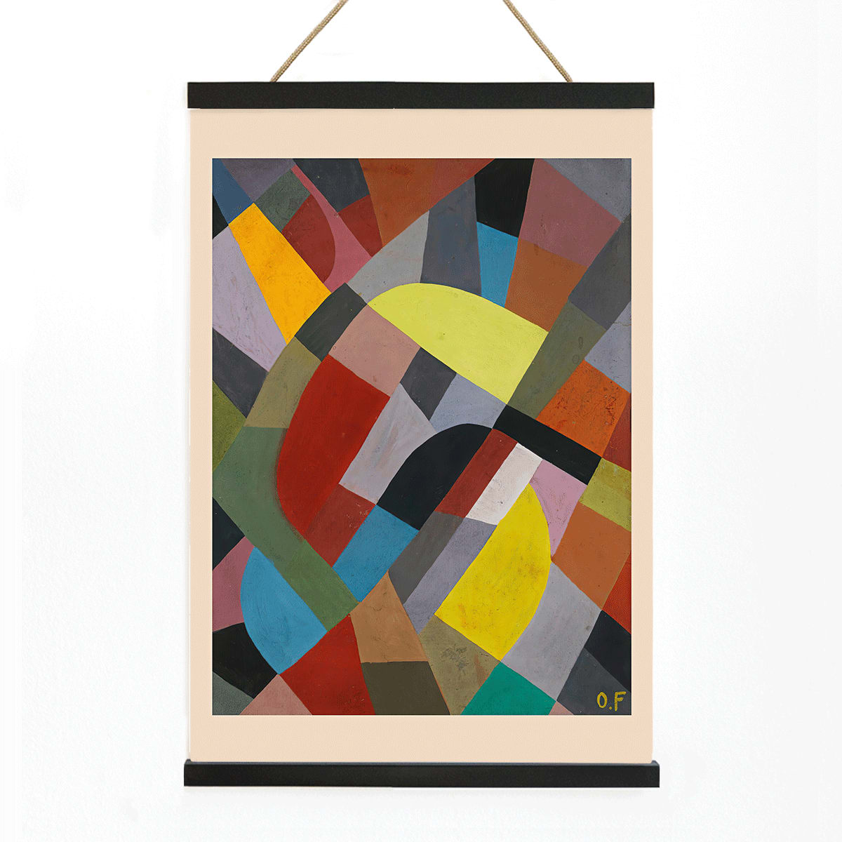 Colorful geometric abstract art poster Composition Abstraite by Otto Freundlich featuring intersecting shapes, with wooden magnetic frame on white background