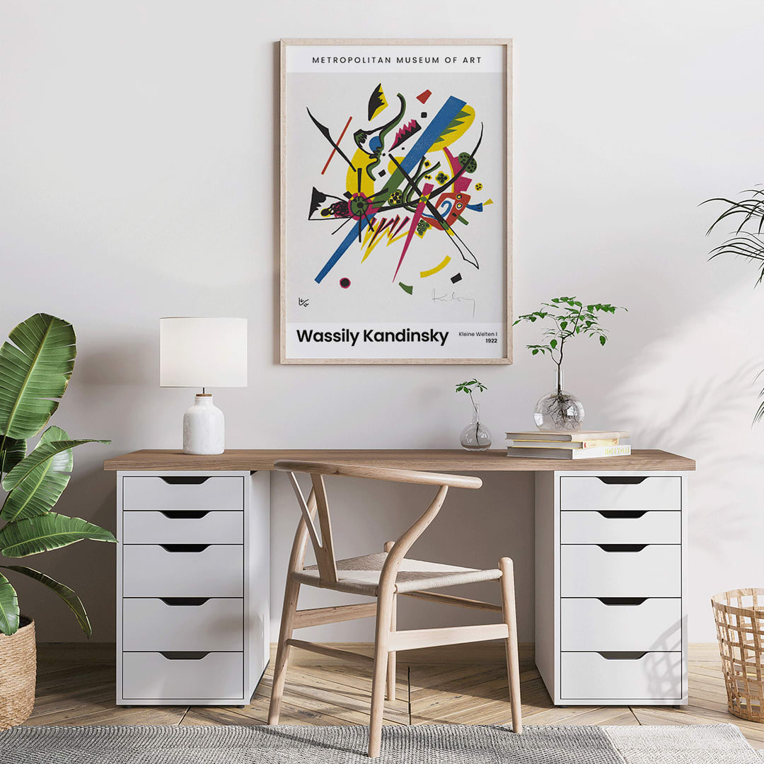 Abstract colorful geometric print Kleine Welten I Small Worlds I by Wassily Kandinsky high resolution artwork poster displayed at museum, framed and displayed in home decor