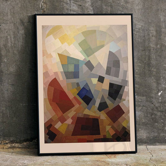 Abstract geometric art with colorful blocks and earthy tones by Otto Freundlich Komposition displayed in a modern black frame, framed and displayed in home decor