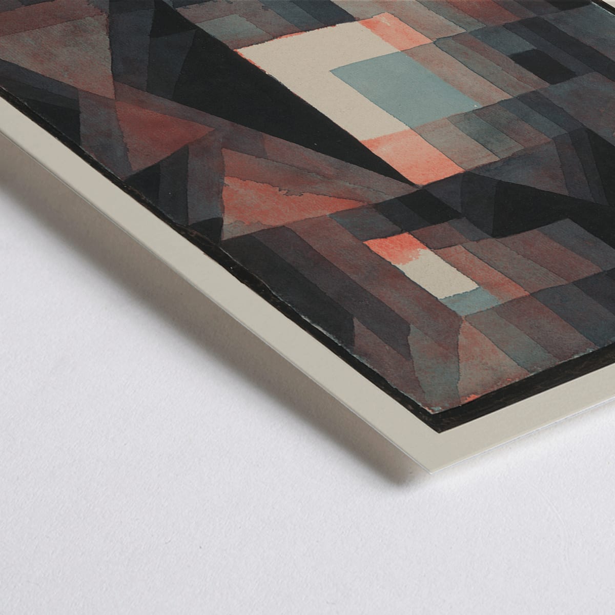 Closeup detail of Geometric abstract painting in red and green with vertical patterns and shapes by Paul Klee titled Abstract Red and Green Gradation featuring an eye and cinnabar accents in vertical format