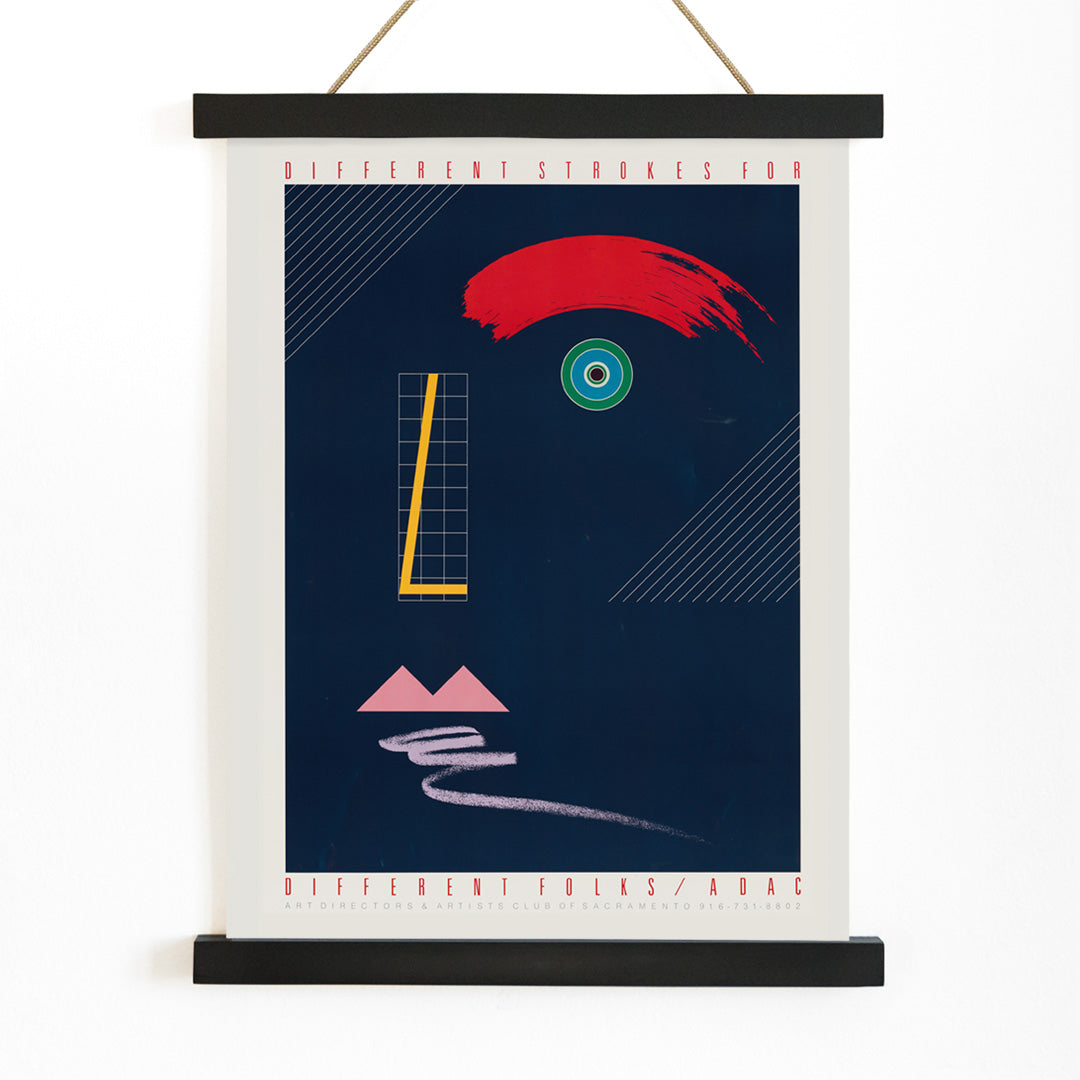 Abstract geometric face artwork poster with bold colors and modern shapes Different Strokes for Different Folks by McRay Magleby, with wooden magnetic frame on white background