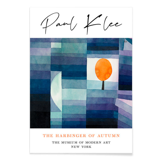 Geometric abstract landscape with vibrant orange tree by Paul Klee from The Harbinger of Autumn poster for wall decor, with black aluminium frame on white background