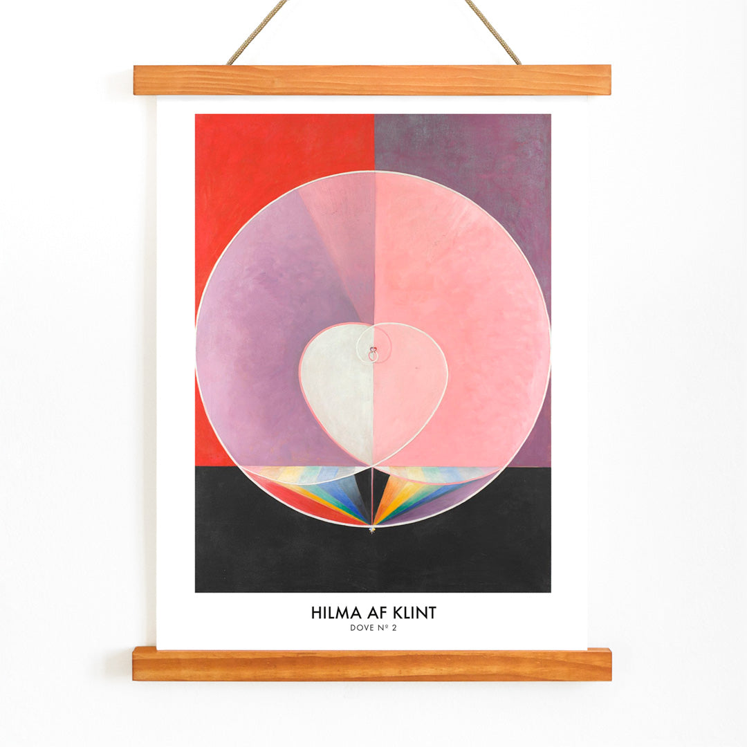 Abstract geometric shapes in pastel and rainbow colors with heart motif poster inspired by Doves by Hilma af Klint, with wooden magnetic frame on white background