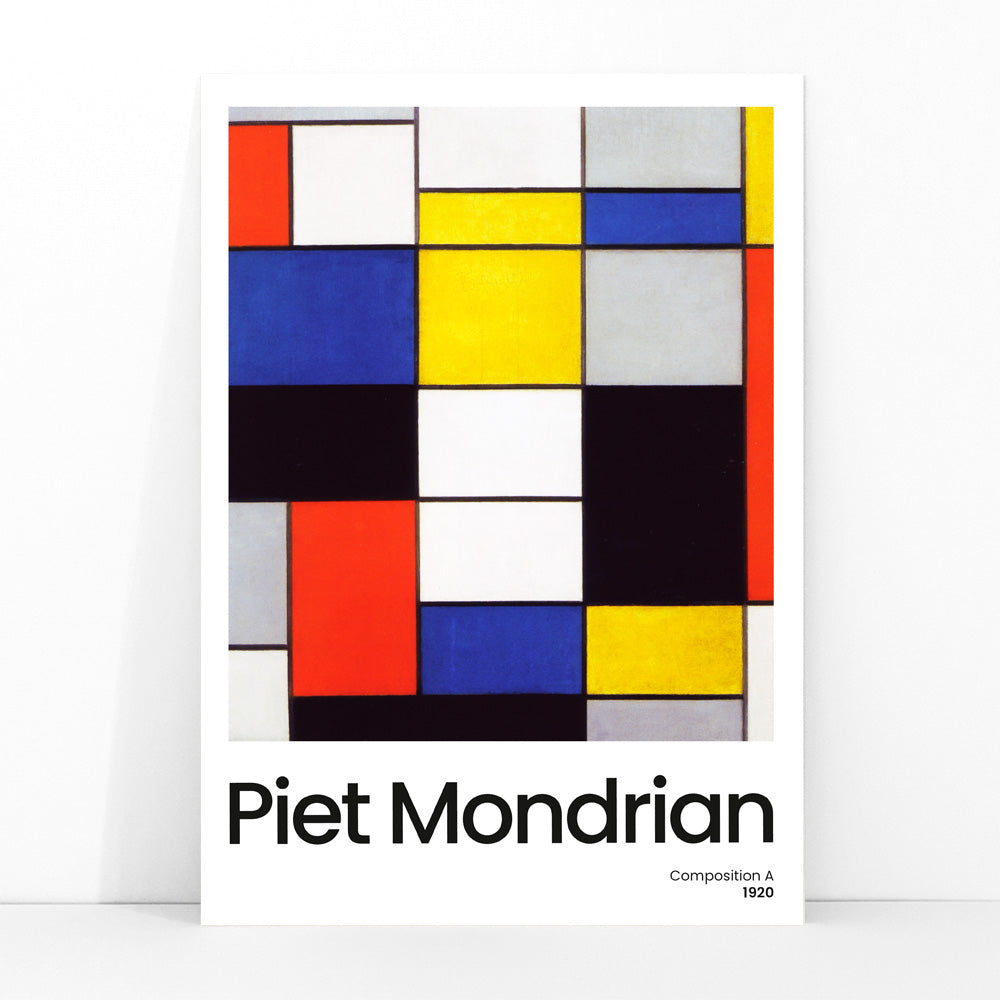 Abstract geometric art poster with colorful squares and rectangles by Piet Mondrian Composition A modern wall decor, framed and displayed in modern living room decor