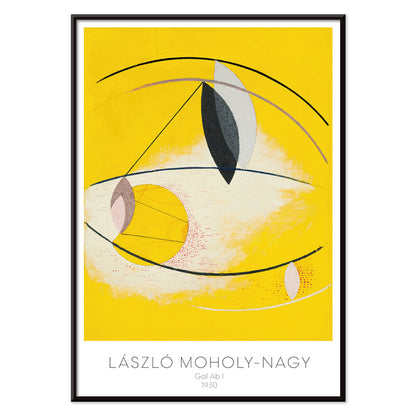 Abstract geometric yellow and white shapes with curved lines artwork Gal Ab I by Laszlo Moholy Nagy poster for wall decor, with black aluminium frame on white background