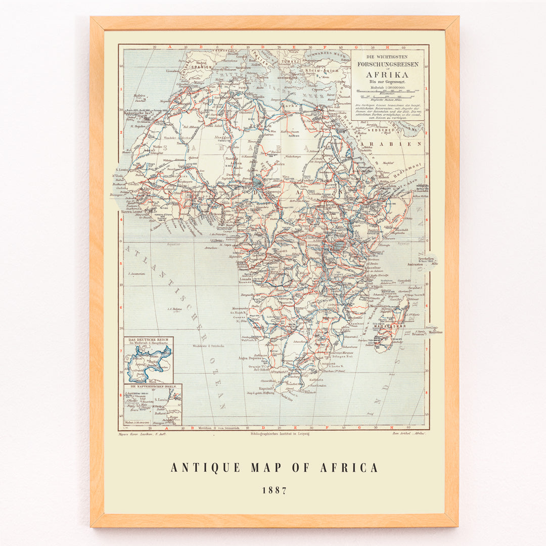 Closeup detail of Antique map of Africa by Institute of Liepzig showing exploration routes geographic features and country names wall art poster