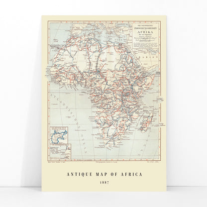 Antique map of Africa by Institute of Liepzig showing exploration routes geographic features and country names wall art poster, framed and displayed in modern living room decor