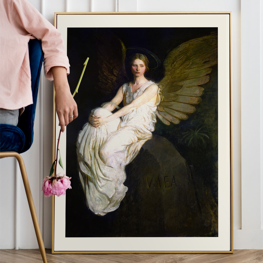 Serene angel with golden wings in white robes seated artwork Stevenson Memorial by Abbott Handerson Thayer poster, framed and displayed in home decor