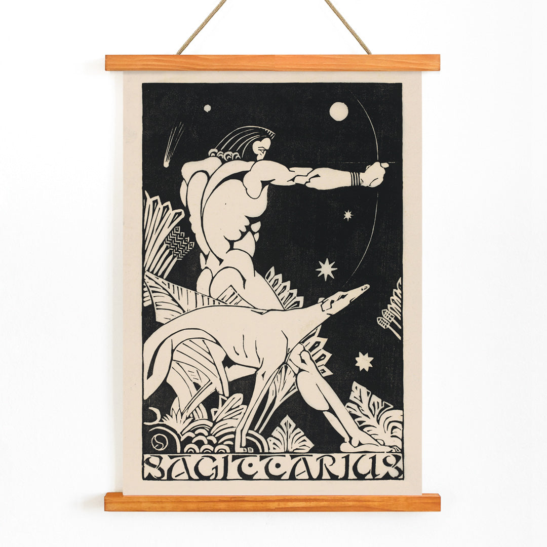 Sagittarius archer centaur and dog zodiac artwork surrounded by stars by Henri van der Stok poster, with wooden magnetic frame on white background