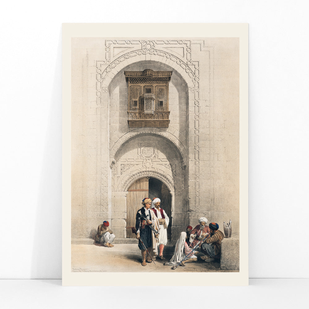 Modern mansion with arabesque architecture in Cairo by David Roberts featuring people in traditional attire poster, framed and displayed in modern living room decor