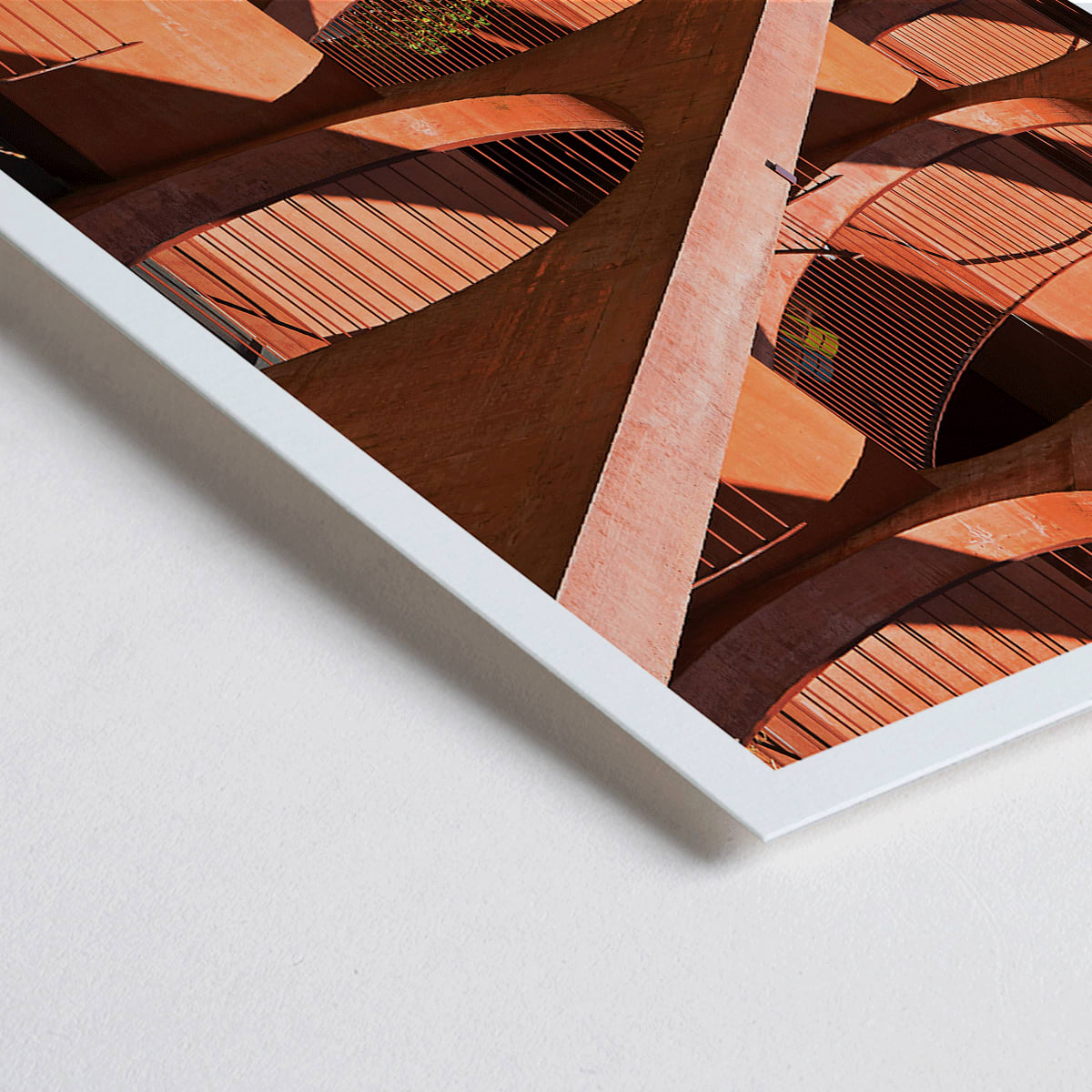 Closeup detail of Modern architectural abstract artwork Zug Schleife Switzerland by Mo Art Gallery featuring geometric patterns shadows and orange hues