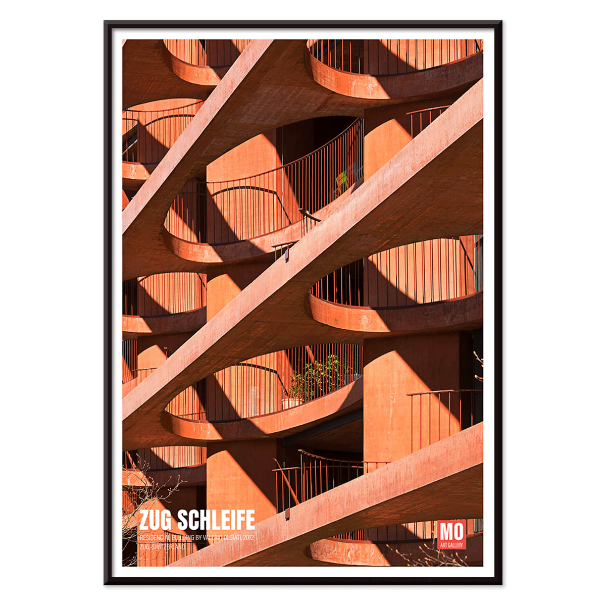 Modern architectural abstract artwork Zug Schleife Switzerland by Mo Art Gallery featuring geometric patterns shadows and orange hues, with black aluminium frame on white background
