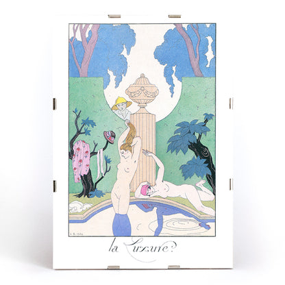 Art Deco poster La Luxure by George Barbier featuring elegant nude women lounging by a fountain in a decorative garden scene, framed and displayed in modern living room decor