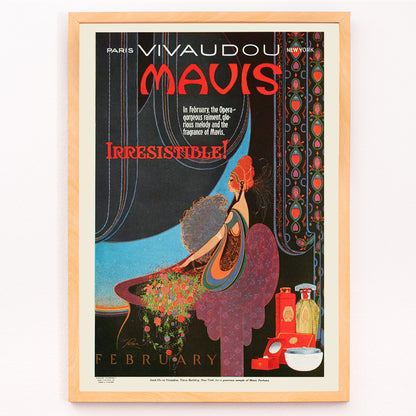 Closeup detail of Elegant woman in art deco style with perfume bottles vibrant colors and wall decor poster for Mavis Irresistible by Fred L Parker