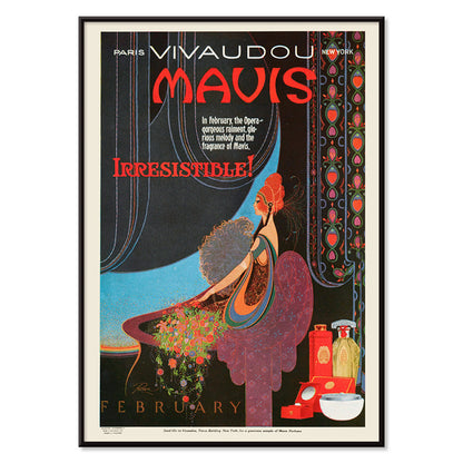 Elegant woman in art deco style with perfume bottles vibrant colors and wall decor poster for Mavis Irresistible by Fred L Parker, with black aluminium frame on white background