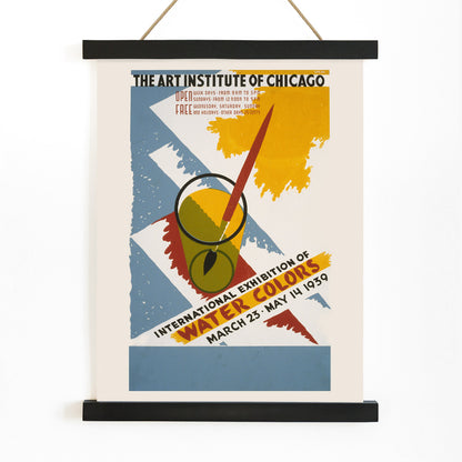 Colorful poster art for International exhibition of water colors by Arlington Gregg featuring paintbrush watercolor palette abstract brush strokes and a paintbrush in a glass, with wooden magnetic frame on white background