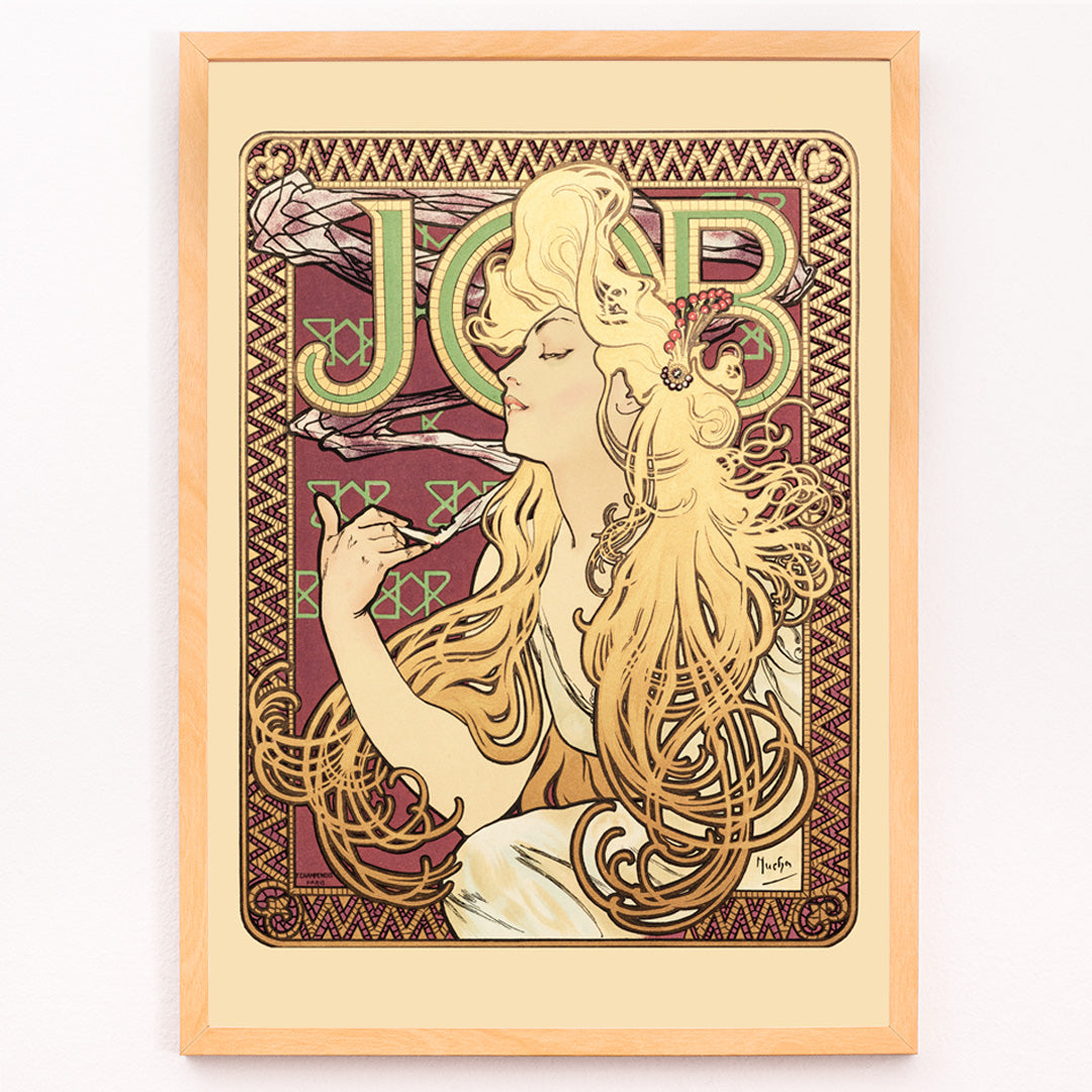 Closeup detail of Art Nouveau poster of elegant woman with flowing hair holding a cigarette and decorative patterns by Alphonse Mucha