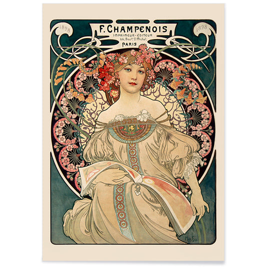 Art Nouveau poster by Alphonse Mucha featuring an elegant woman in a floral dress with flowers in her hair Affiche Champenois Imprimeur, with black aluminium frame on white background