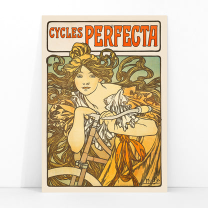 Art Nouveau poster of a woman with flowing hair riding a bicycle with decorative floral design by Alphonse Mucha for Cycles Perfecta, framed and displayed in modern living room decor