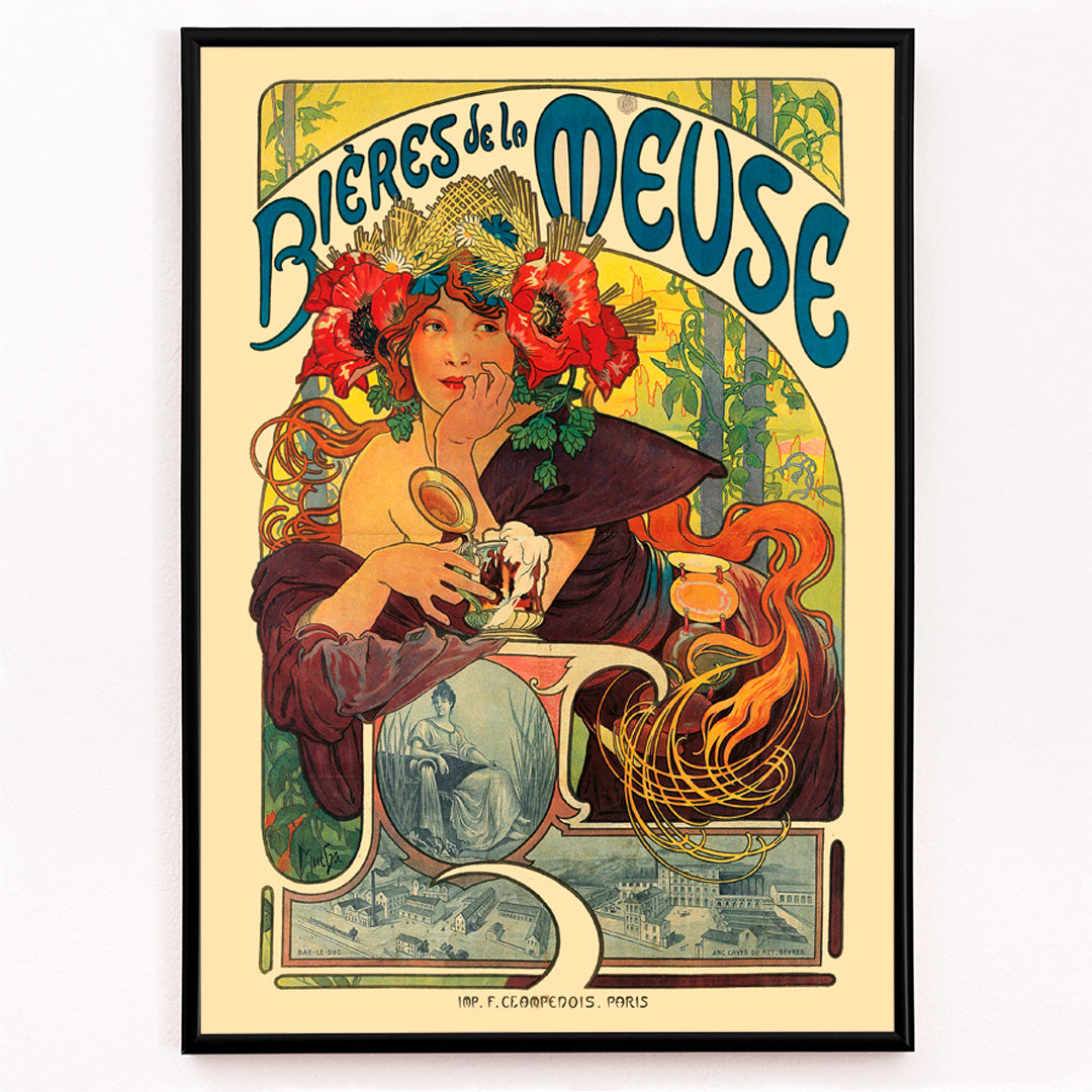 Closeup detail of Art Nouveau poster of a woman with flowers in her hair holding a beer glass Bières De La Meuse by Alphonse Mucha