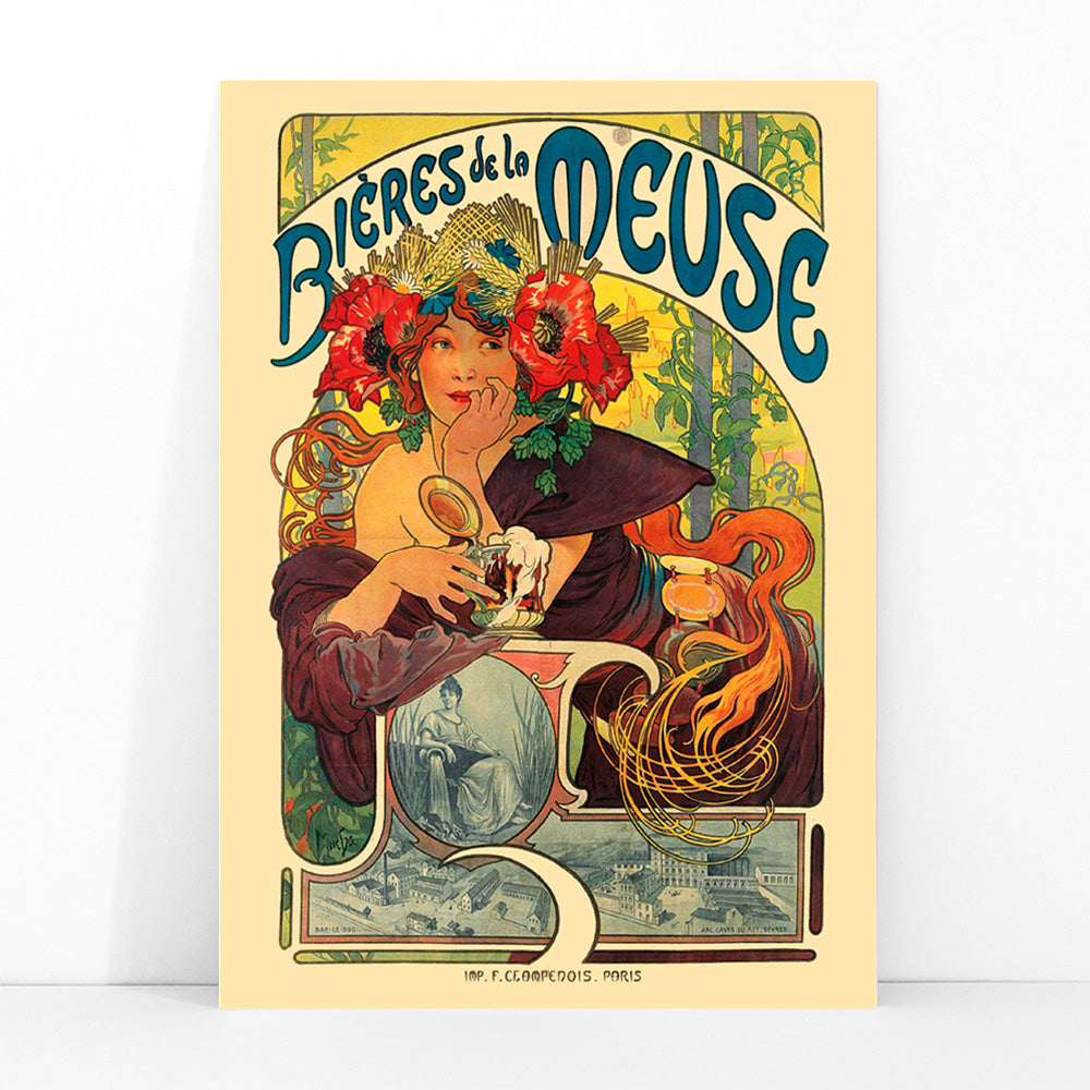Art Nouveau poster of a woman with flowers in her hair holding a beer glass Bières De La Meuse by Alphonse Mucha, framed and displayed in modern living room decor