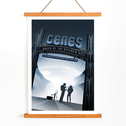 Space travel art illustration of Ceres Queen of the Asteroid Belt by NASA featuring two people at a water pump under a starry sky, with wooden magnetic frame on white background