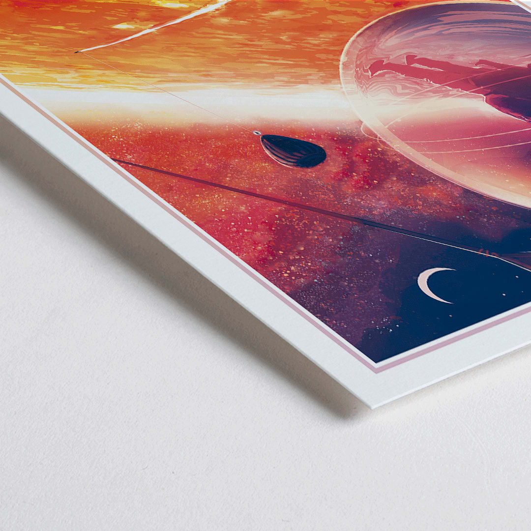 Closeup detail of Astronaut in a pod above a glowing lava planet with a hot air balloon and crescent moon in Lava Life by NASA poster